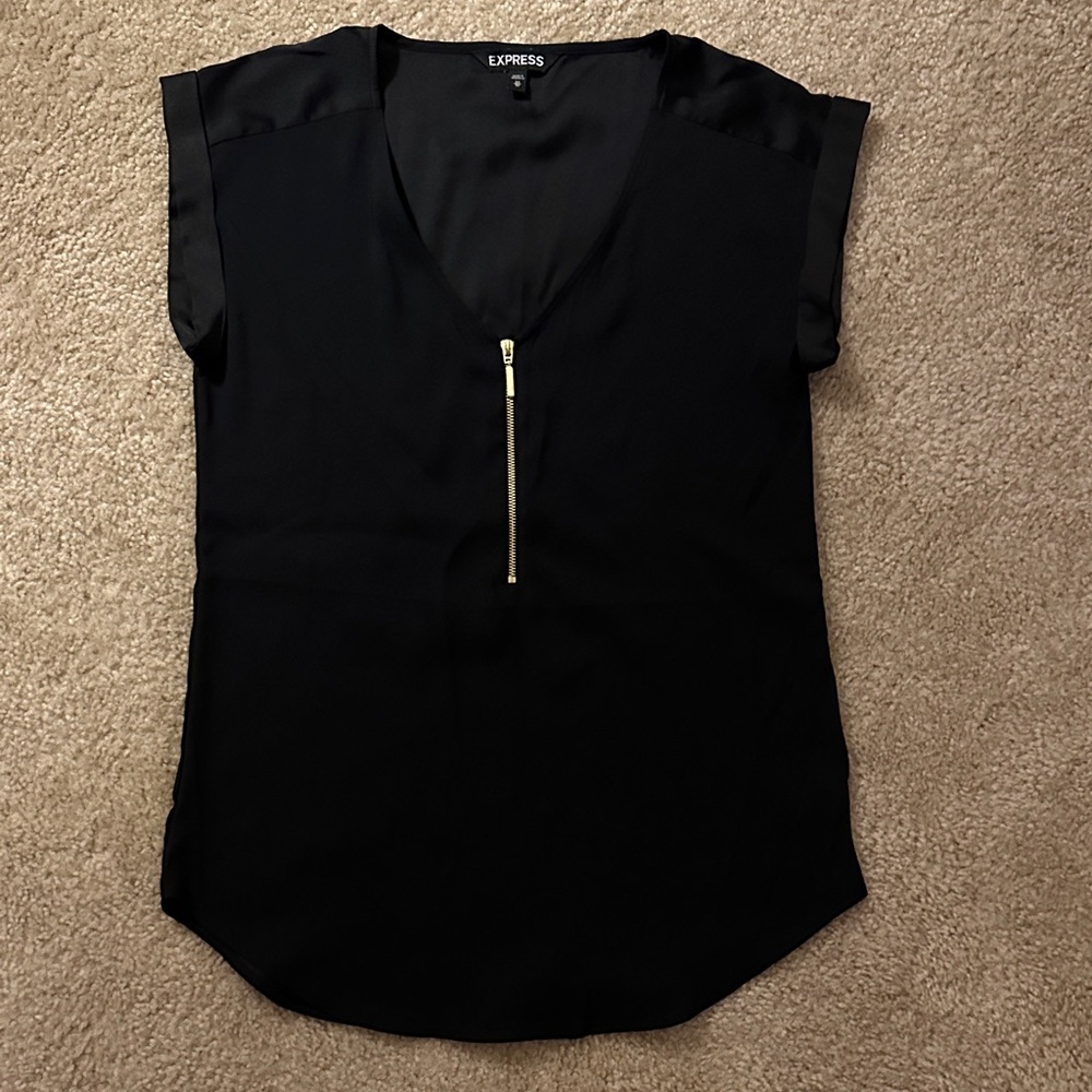 Express Black V-Neck Zip Cap Sleeve Blouse